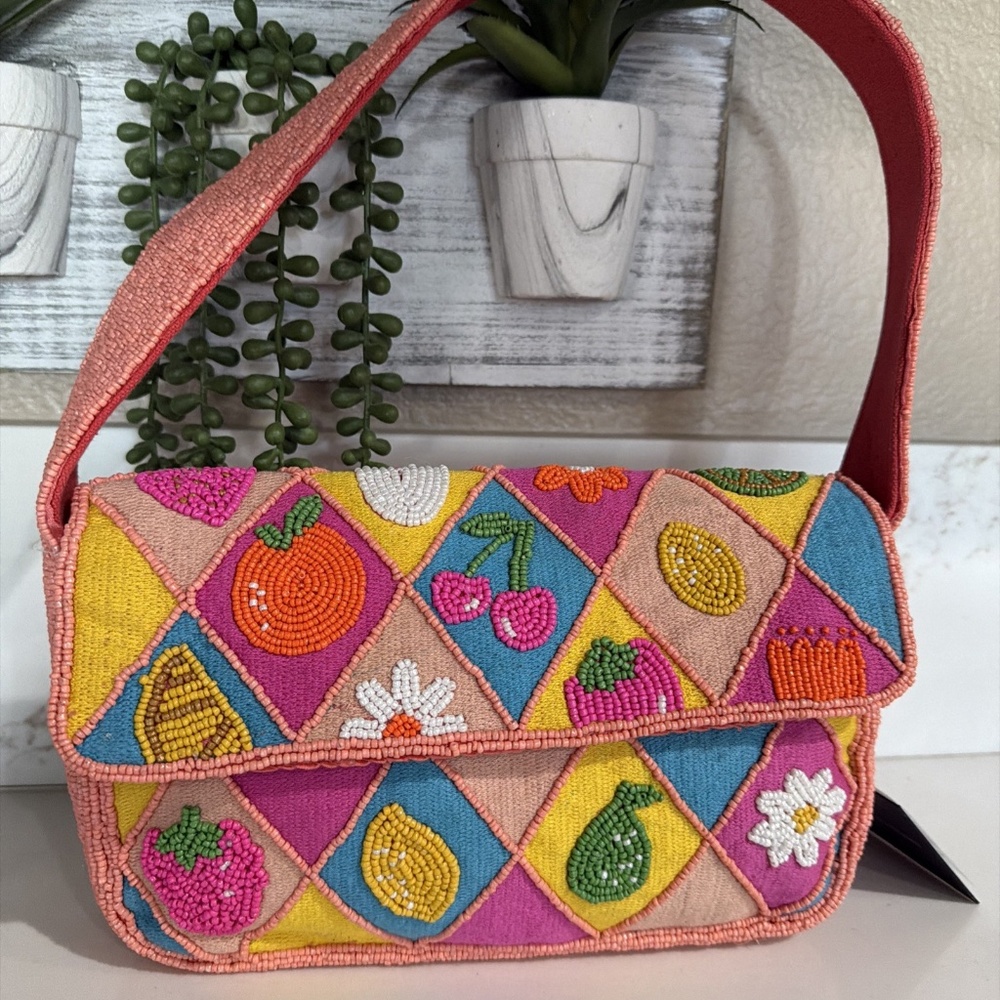 America & Beyond Beaded Fruit & Flower Summer Tropical Embellished Shoulder Bag - Picture 2 of 8